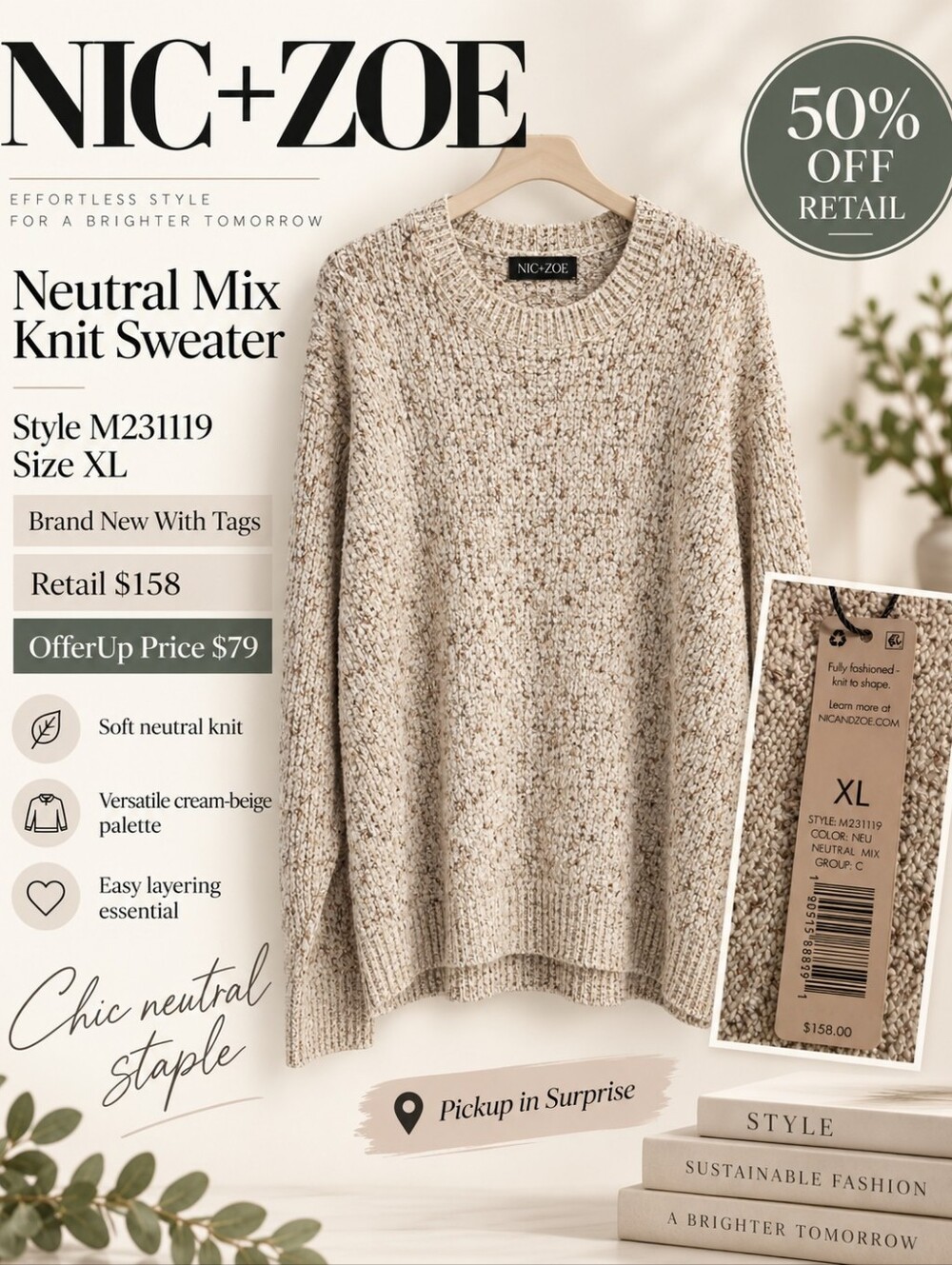 NIC+ZOE Cream-Beige Neutral Mix Knit Crewneck Sweater